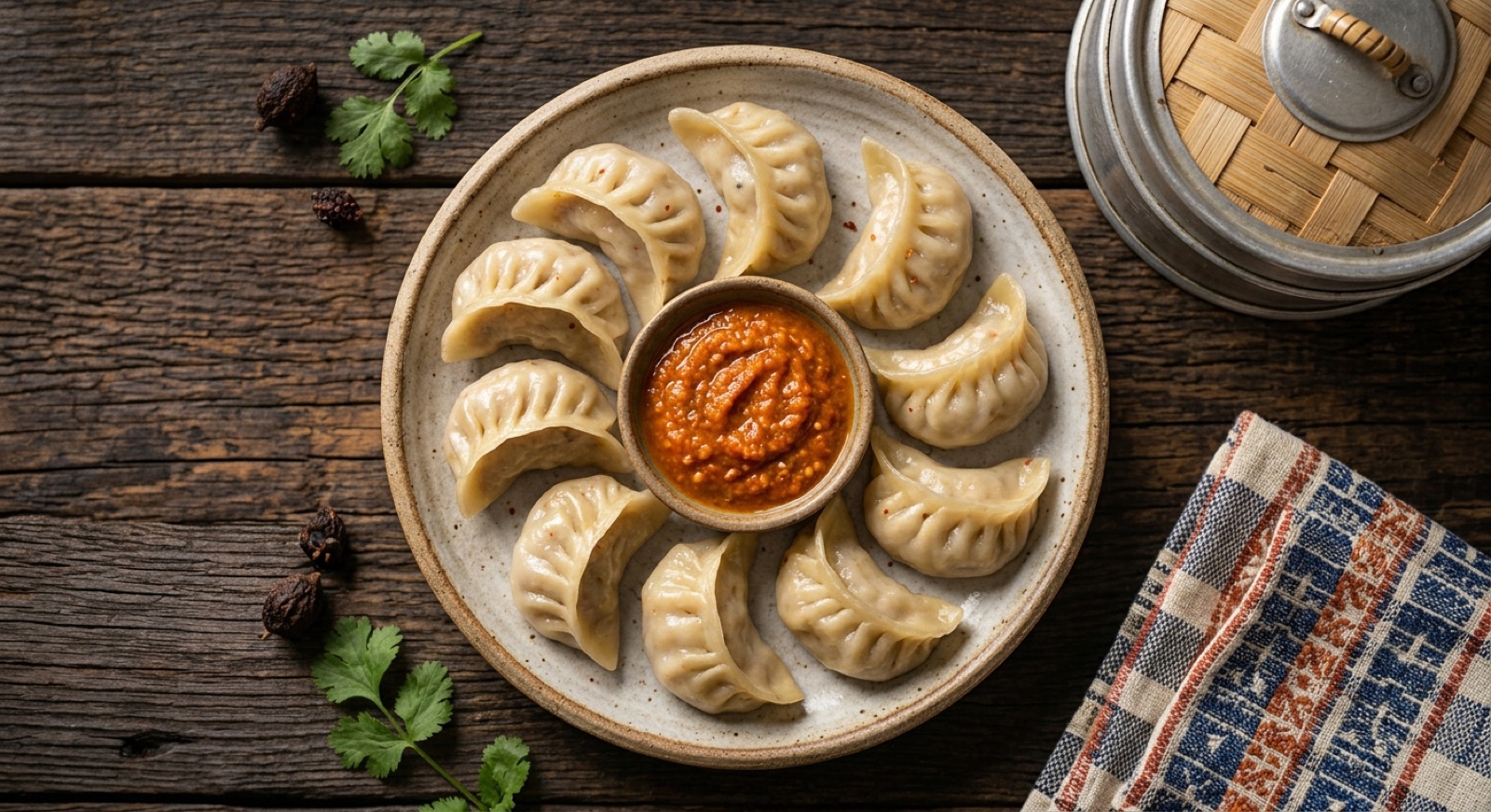 Pleated Nepali momo dumplings in a steamer tray beside a bowl of red tomato-sesame achar