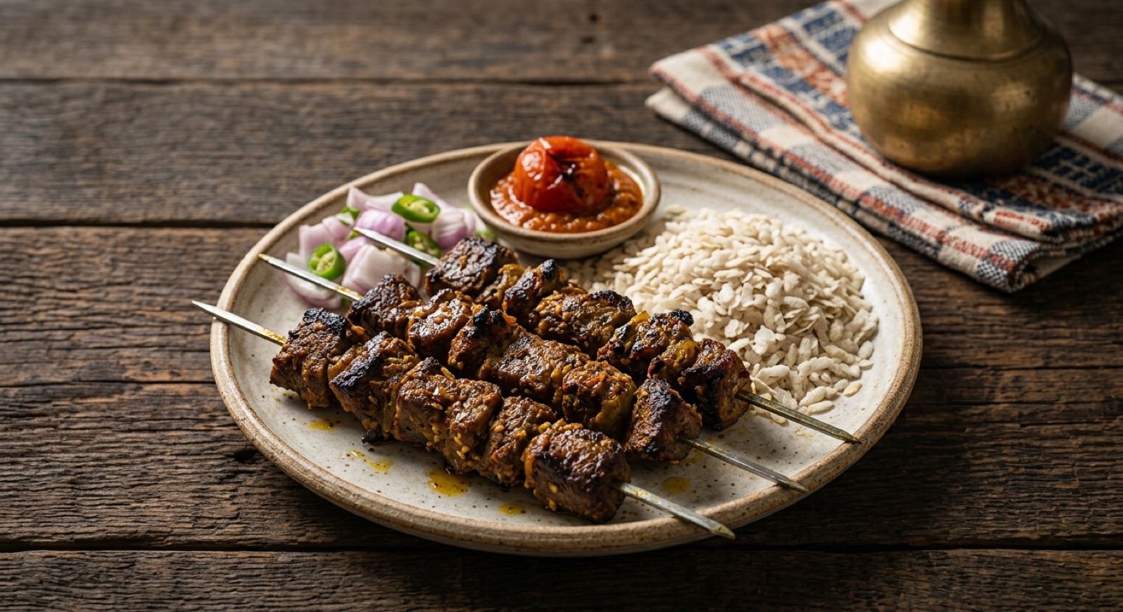 Charred sekuwa meat skewers on a grill with raw onion rings, beaten rice and lemon alongside