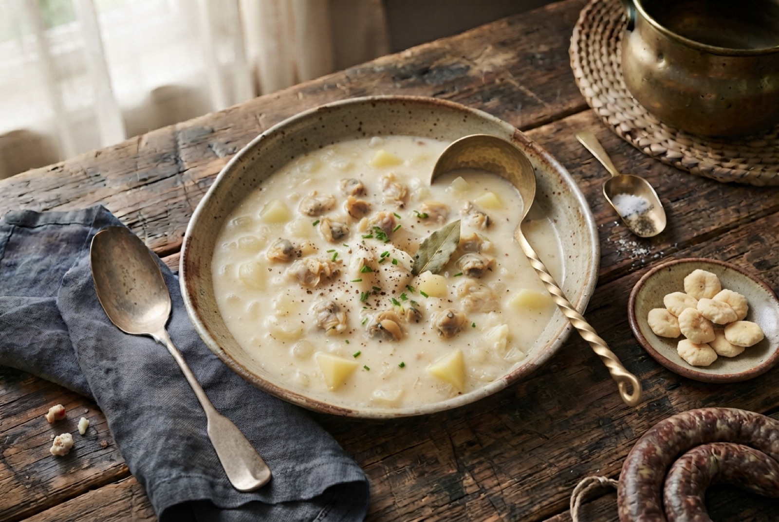 Bowl of thick white New England clam chowder with potato chunks, chopped clams, crisp pork bits and oyster crackers on top