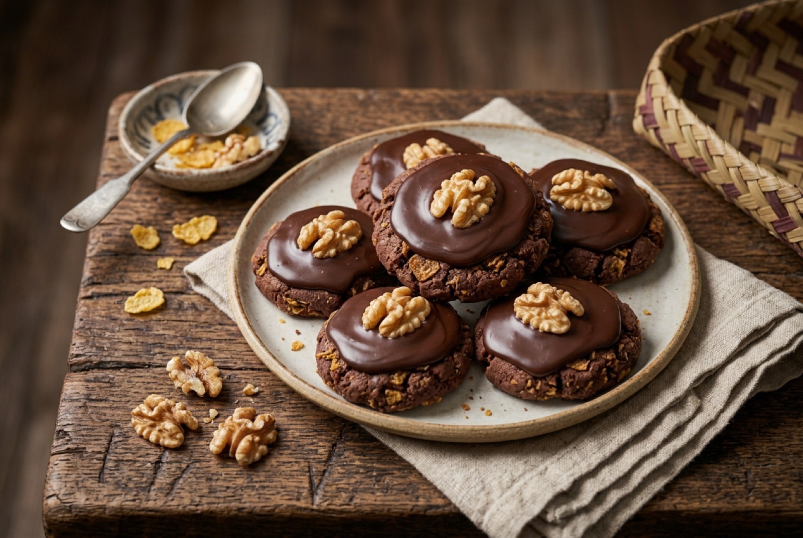 Dark cocoa afghan biscuits with glossy chocolate icing and a walnut half pressed into each one