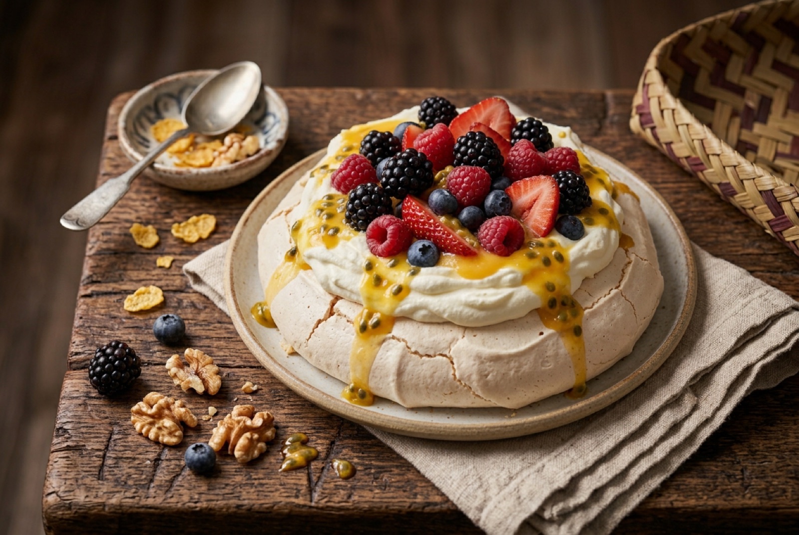 Tall cracked pavlova meringue topped with whipped cream, sliced kiwifruit, strawberries and passionfruit pulp