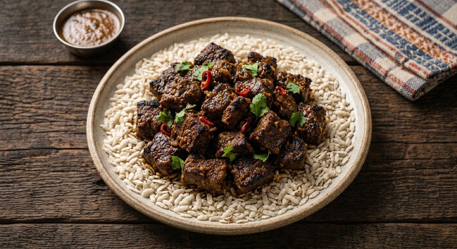 Bowl of Newari choila, charred buffalo cubes coated in red mustard oil with chiles and cilantro