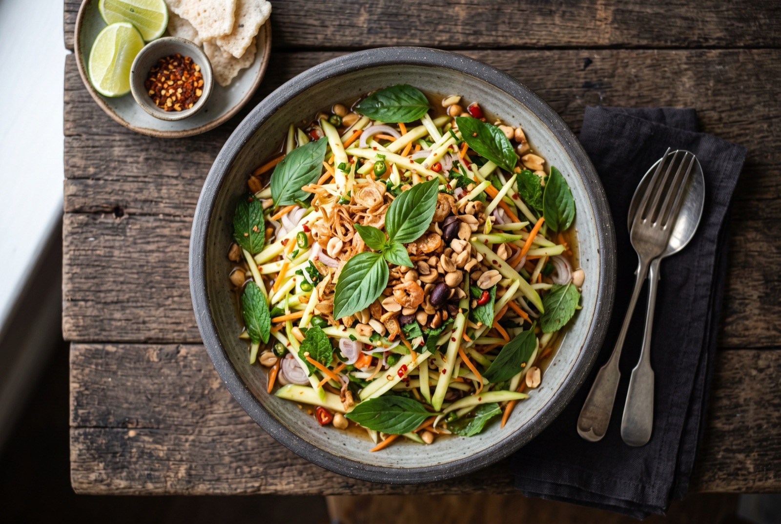 Green mango salad piled in a bowl with red chile, herbs, crushed peanuts and crisp fried shallots