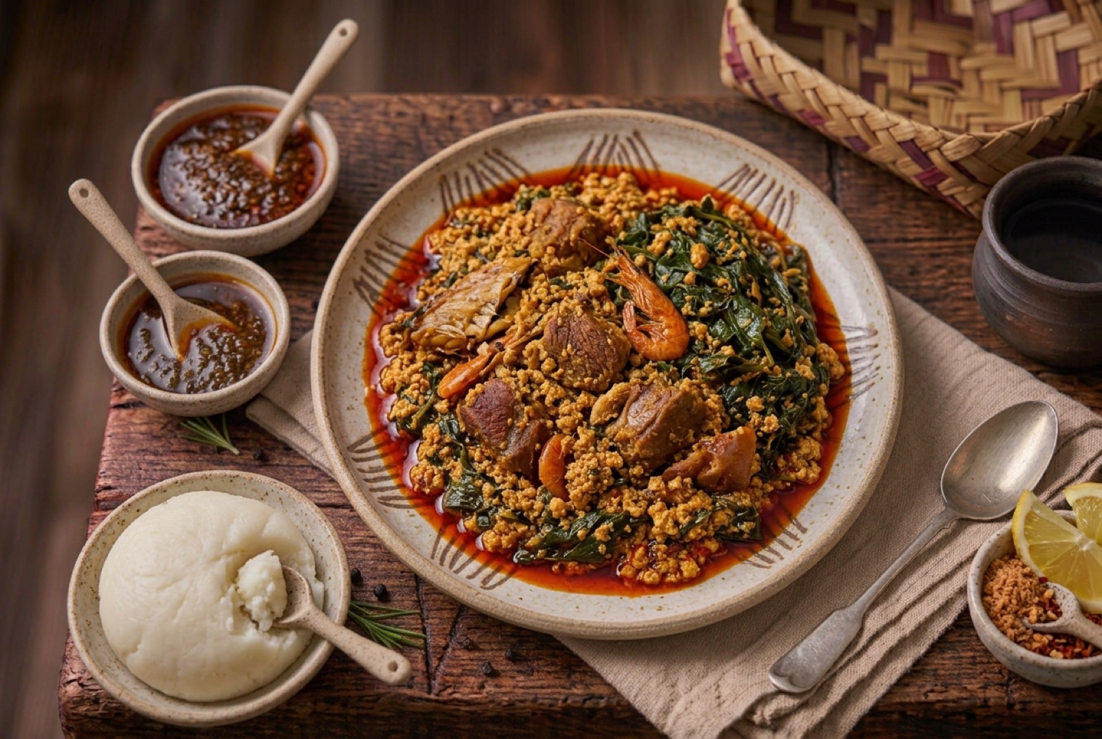 Bowl of thick orange egusi soup with melon seed curds, goat meat and dark shredded greens