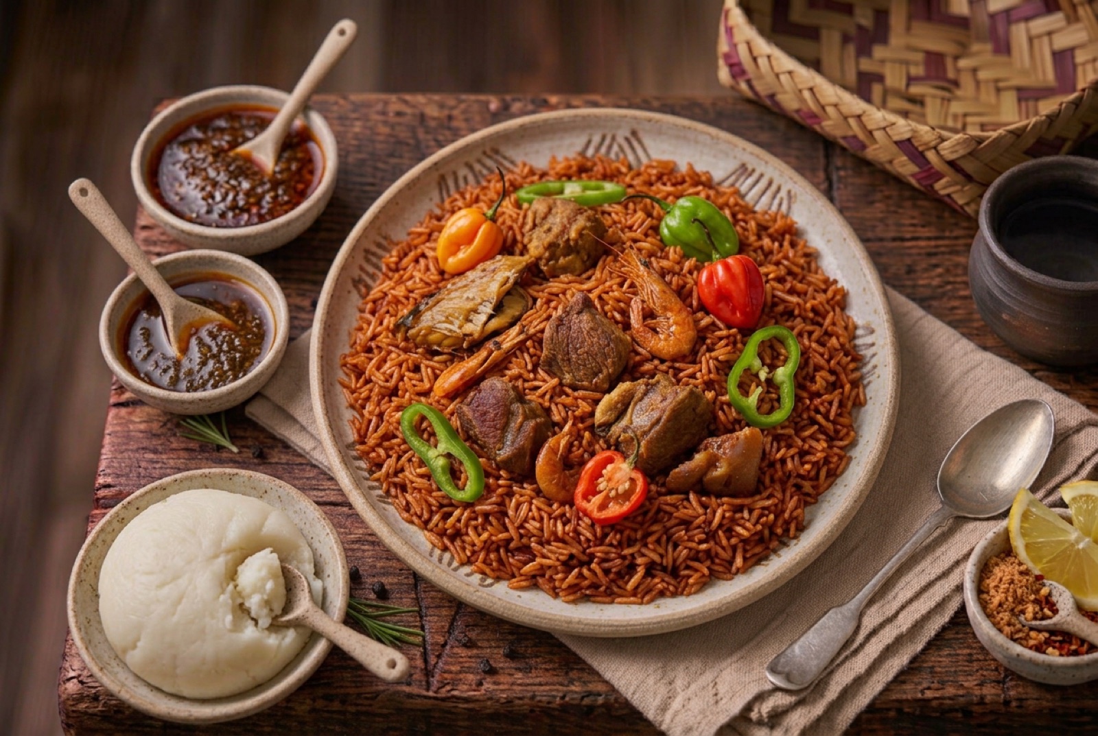 Pot of deep red Nigerian jollof rice with separate grains, sliced onion and fried plantain alongside