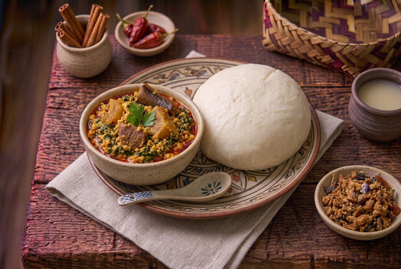 Smooth white ball of Nigerian pounded yam on a plate beside a bowl of dark soup