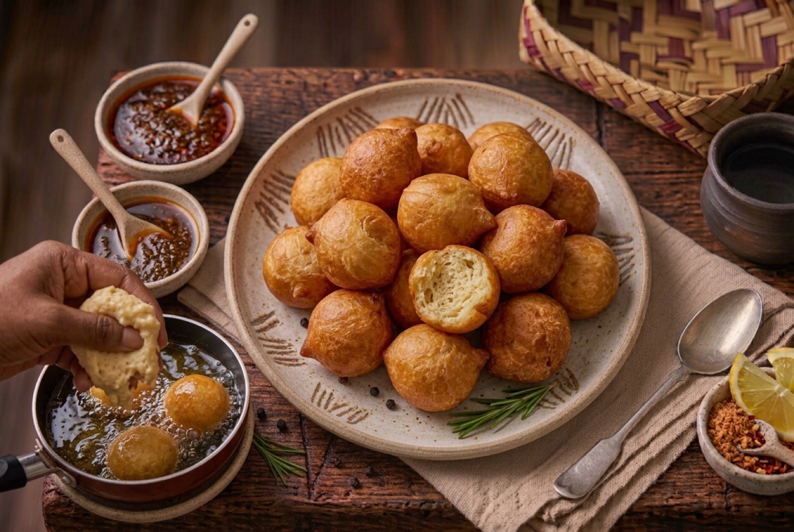 Golden Nigerian puff puff balls piled in a bowl, one torn open to show the soft interior