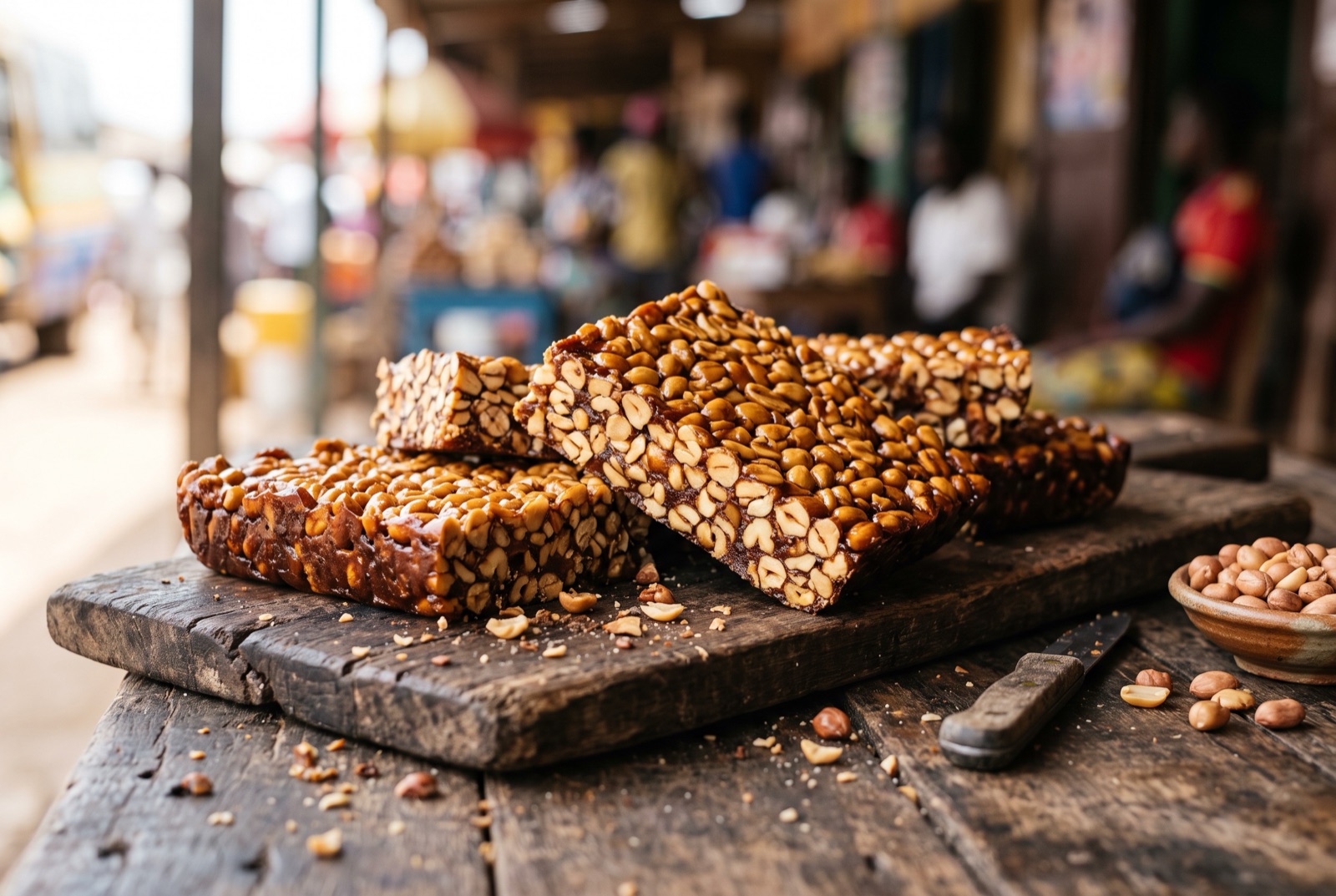 Broken slabs of dark Ghanaian nkate cake peanut brittle showing whole roasted groundnuts set in caramel