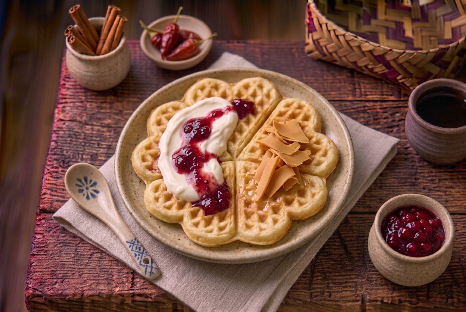 Stack of soft heart-shaped Norwegian waffles topped with sour cream and red berry jam