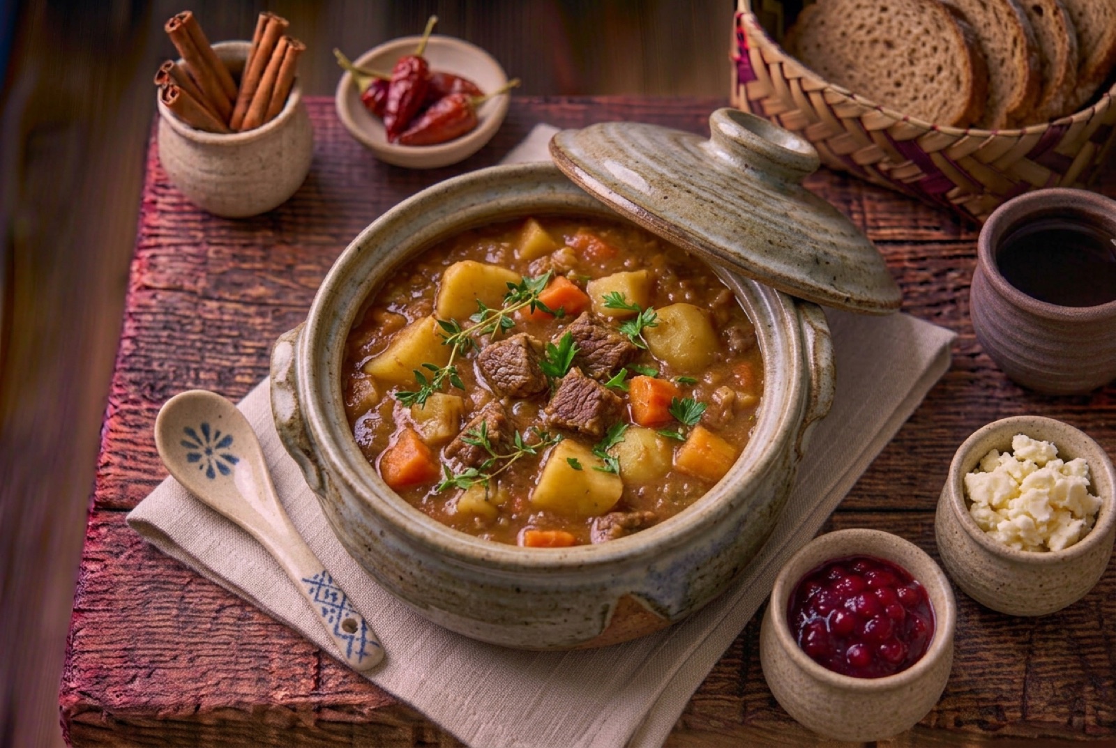 Thick bowl of Norwegian lapskaus with beef, potato, carrot and swede, topped with chopped parsley