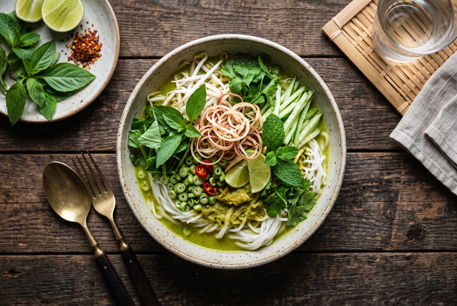 Bowl of Khmer rice noodles under pale green fish gravy, topped with shredded banana blossom, cucumber and herbs