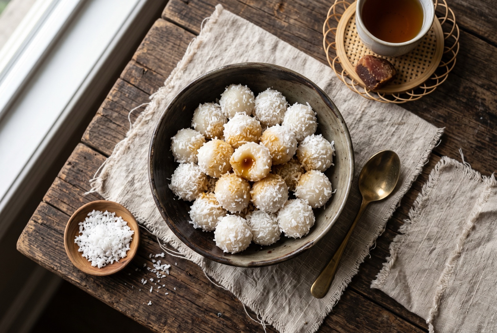 White and pale green glutinous rice balls rolled in grated coconut, one split to show palm sugar syrup running out