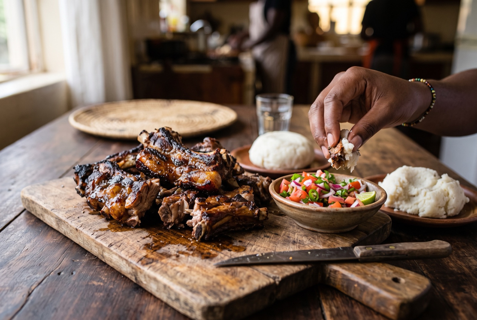 Charcoal-grilled goat ribs chopped on a wooden board beside a bowl of tomato and onion kachumbari