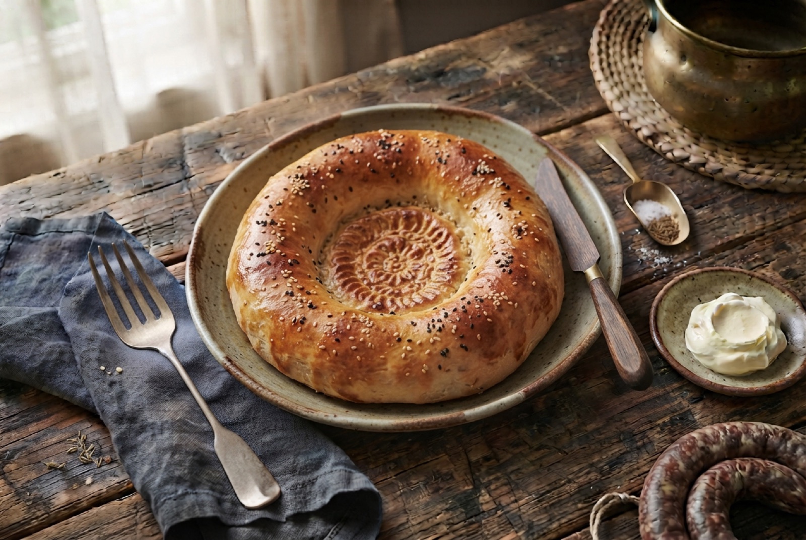 Round Uzbek obi non bread with a stamped seed-covered flat centre and a high golden puffed rim