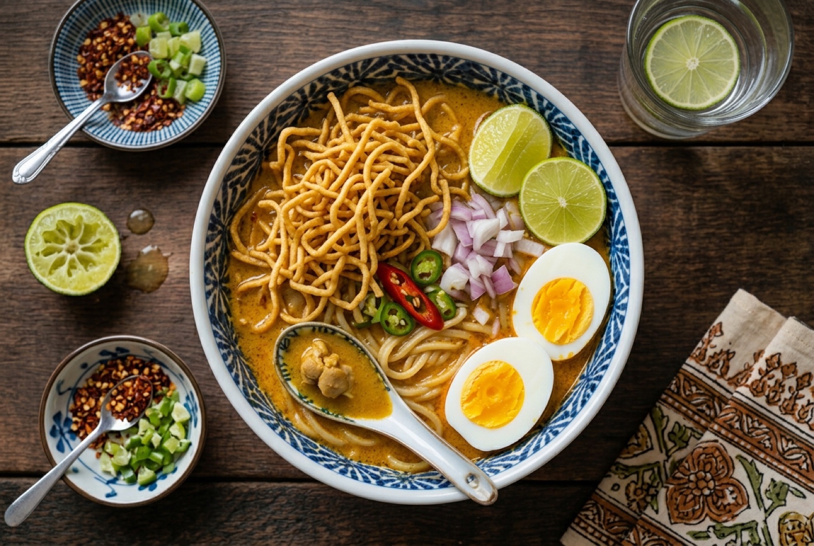 Bowl of Burmese coconut chicken noodles topped with crispy fried noodles, boiled egg and raw onion slices