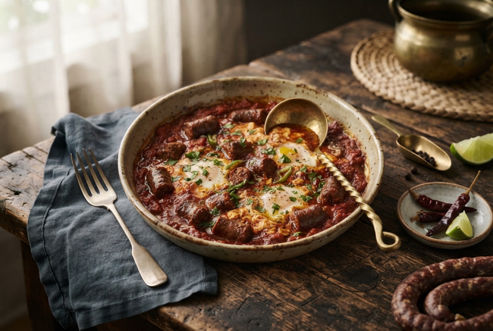 Skillet of red tomato and pepper sauce with merguez slices and softly set eggs stirred through, parsley on top