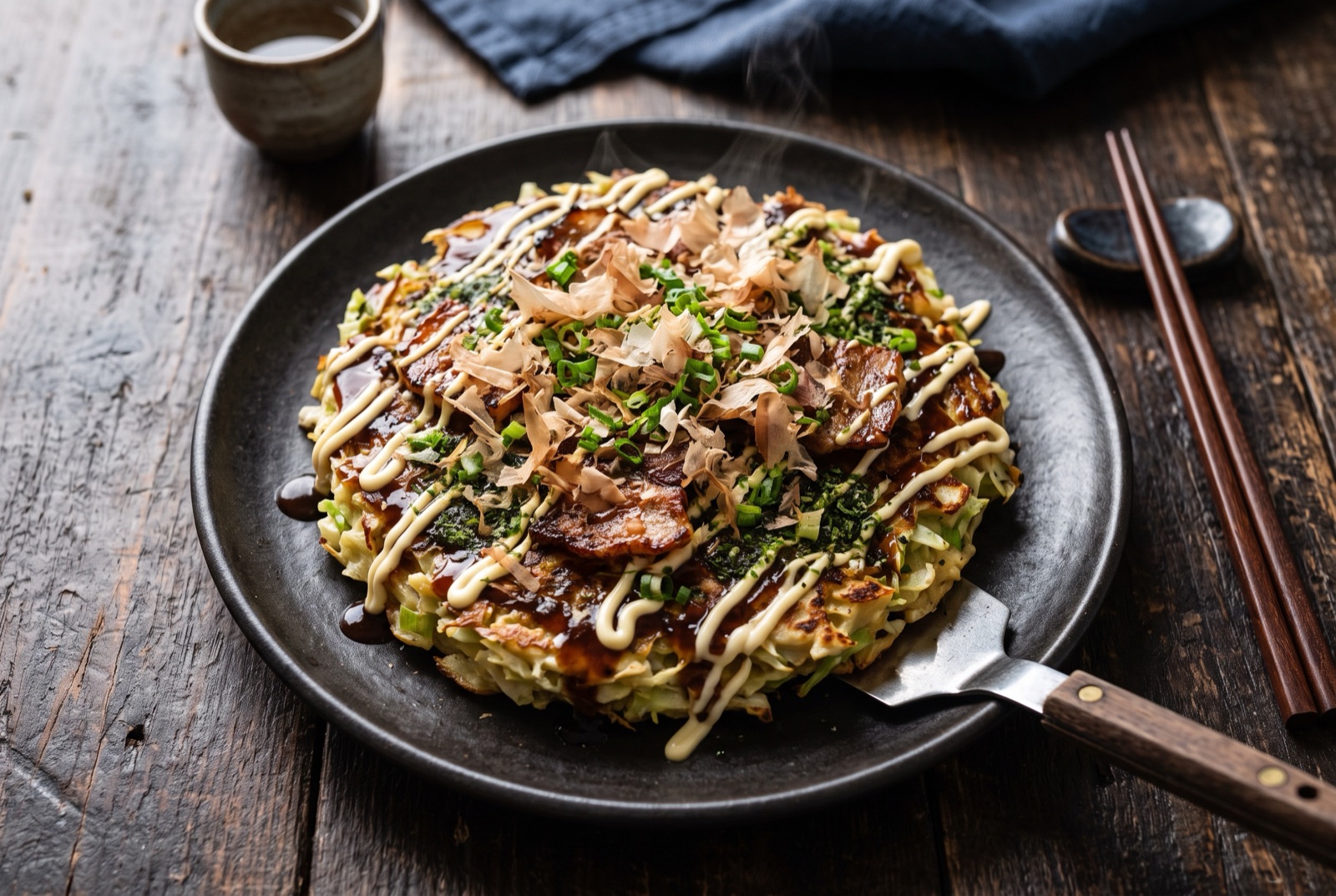Thick okonomiyaki cabbage pancake topped with crisp pork belly, brown sauce, mayonnaise zigzags and curling bonito flakes