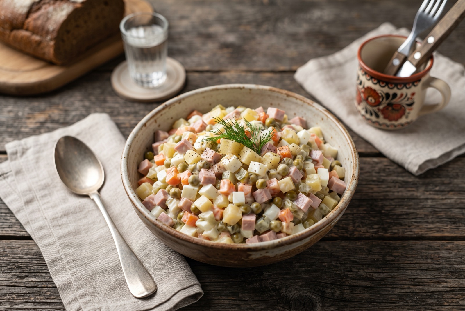 Bowl of Olivier salad with evenly diced potato, carrot, egg, peas and pickles in mayonnaise, topped with dill