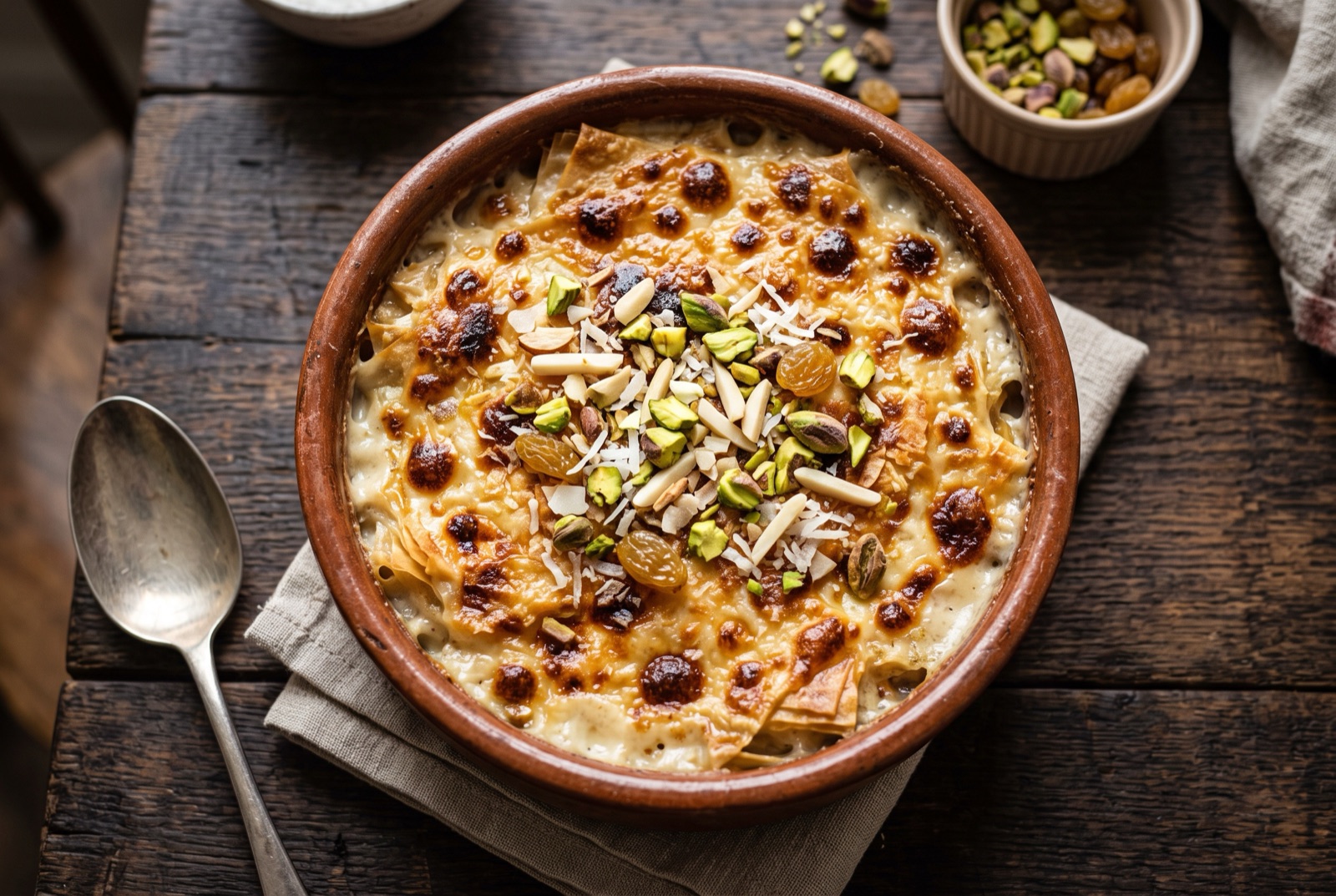 Baking dish of om ali with a blistered golden cream top, chopped pistachios scattered over bubbling milk and soaked pastry