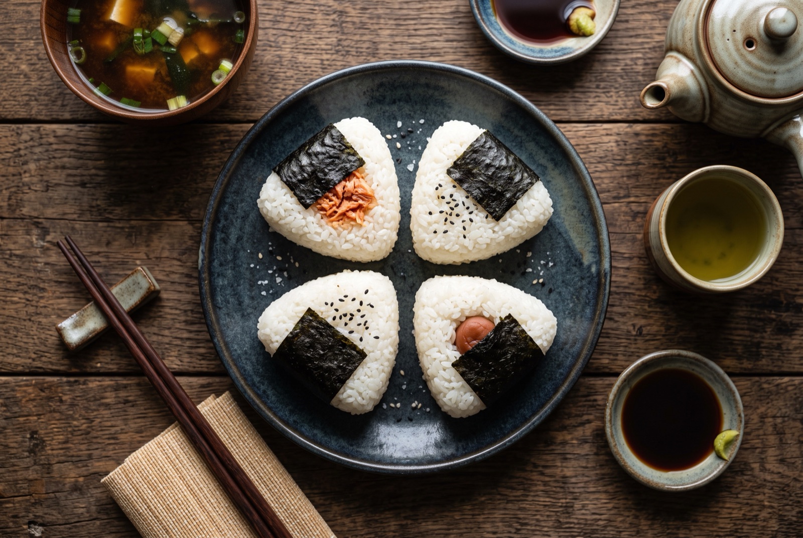 Three triangular Japanese rice balls with nori bands on a wooden board, one broken open to show salmon filling
