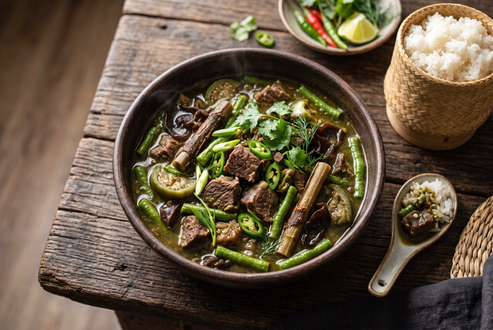 Thick Luang Prabang or lam stew with long beans, wood ear mushrooms, eggplant and fresh dill in a clay bowl