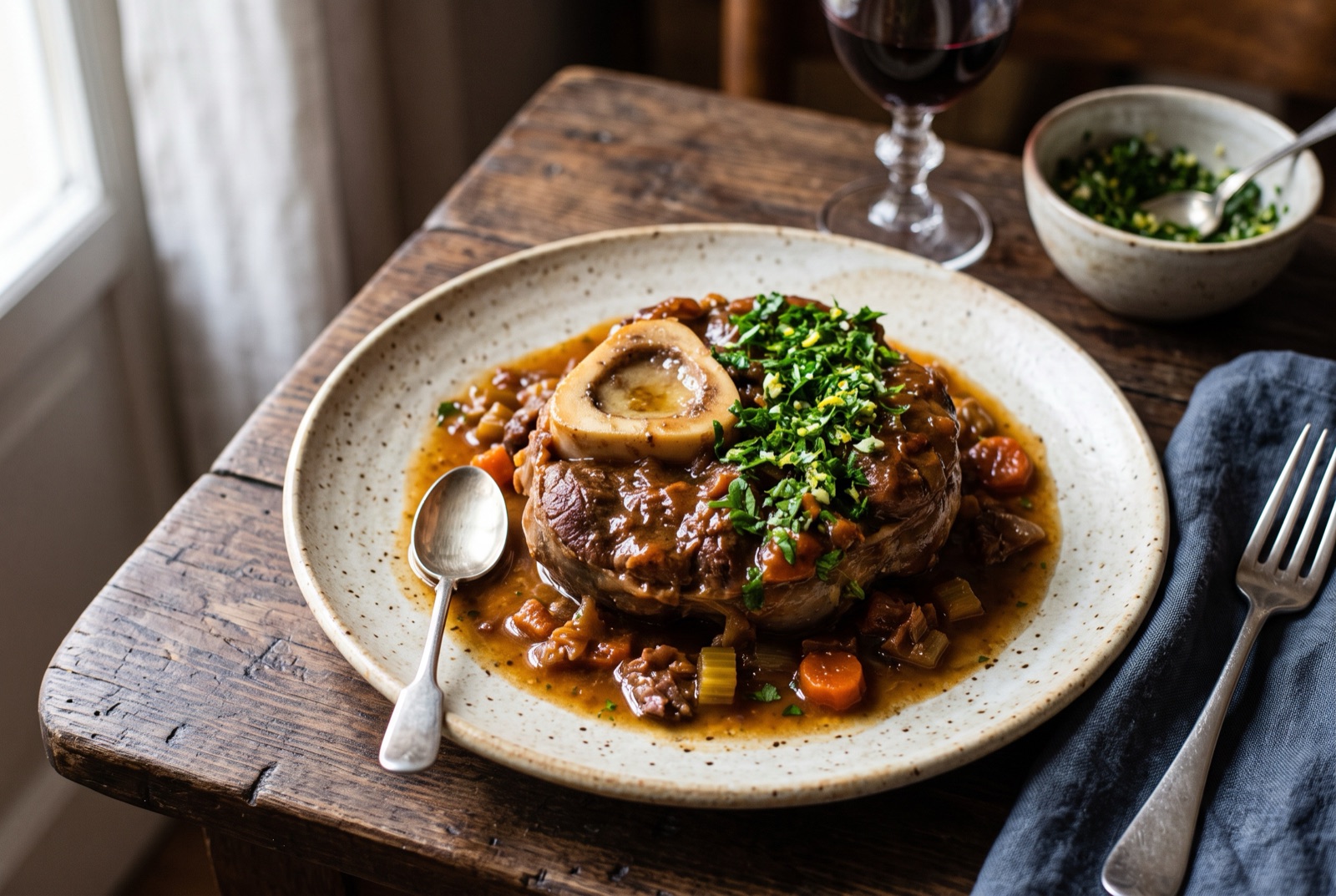 Braised veal shank with soft marrow in the bone, coated in dark sauce and topped with green gremolata
