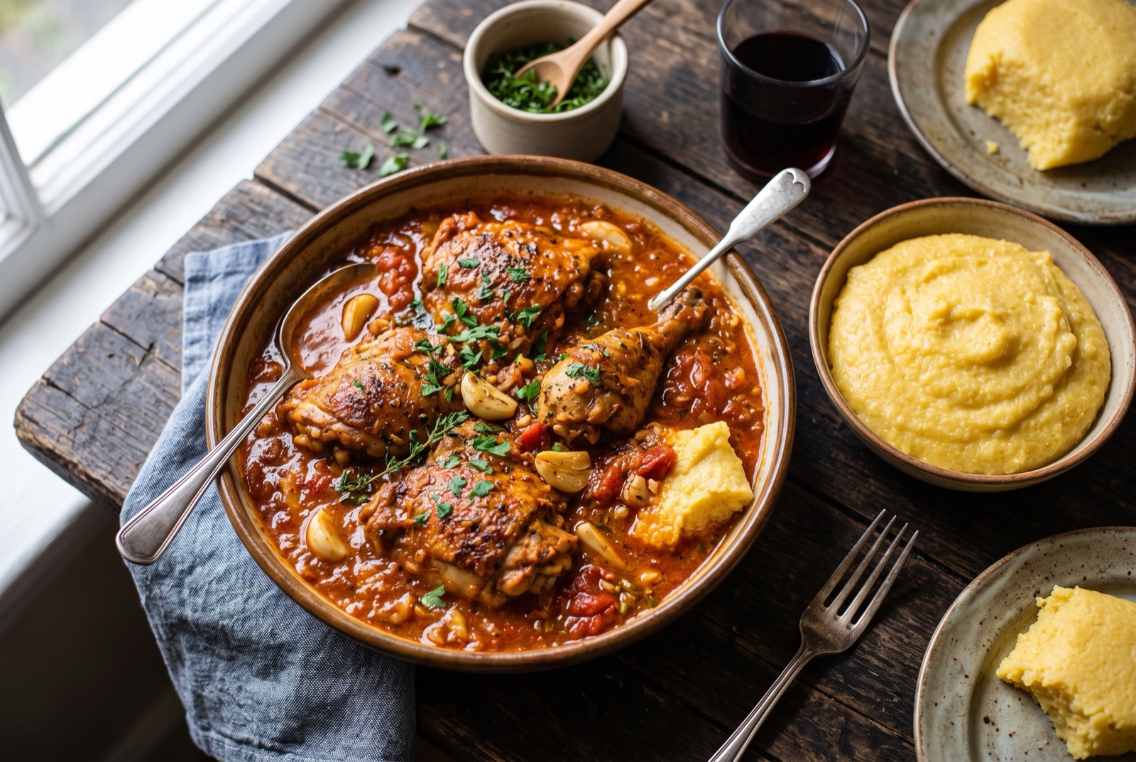 Browned chicken pieces sitting in a thick red garlic tomato sauce in a pan, scattered with chopped parsley