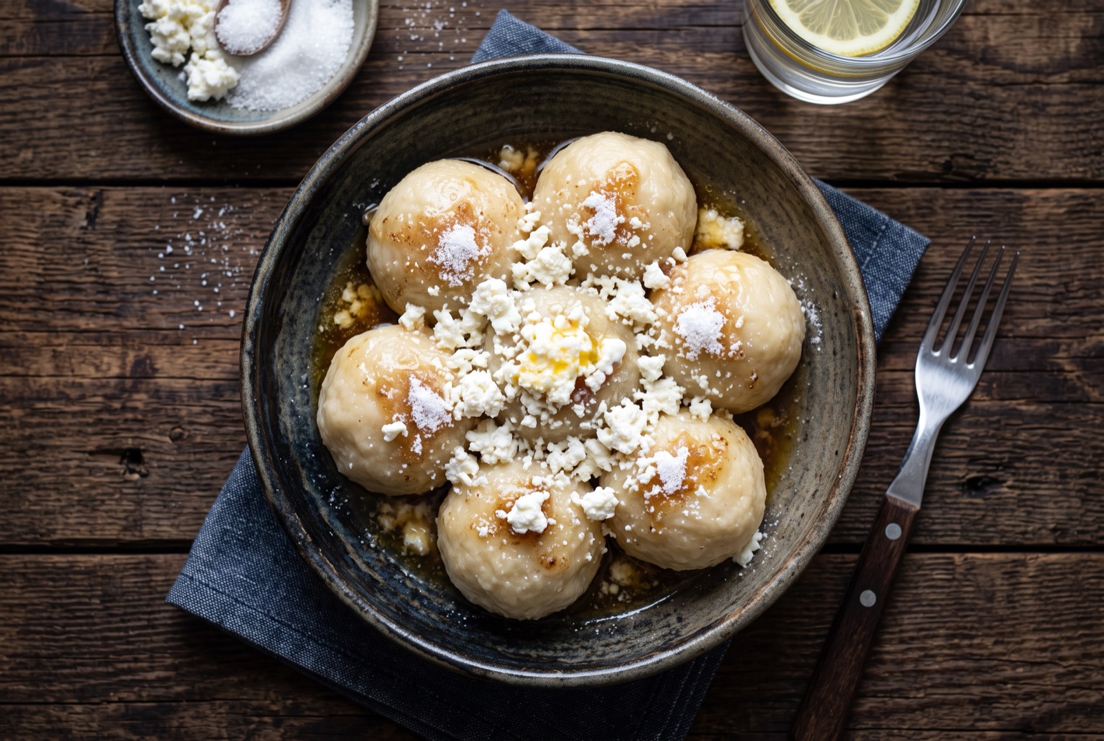 Plate of boiled fruit dumplings split open to show hot plum filling, under melted butter, crumbled curd and icing sugar
