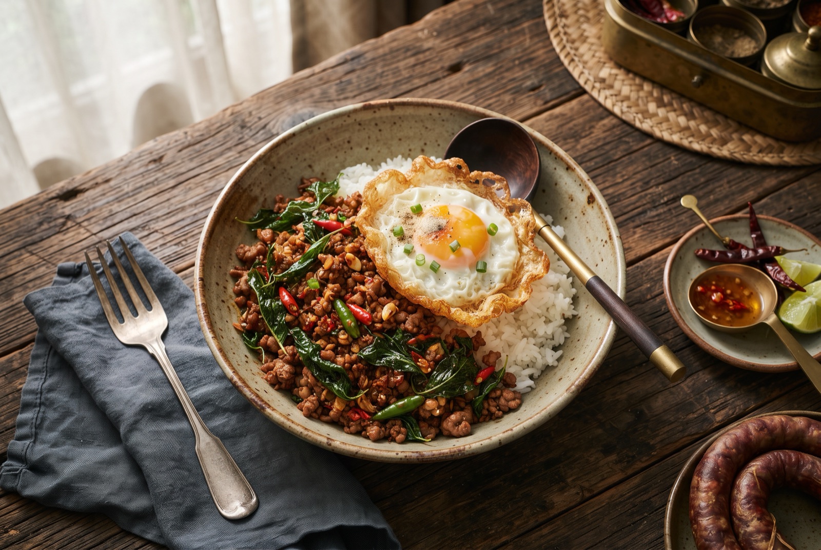 Plate of jasmine rice topped with chili-flecked minced pork and holy basil, with a lacy fried egg on top