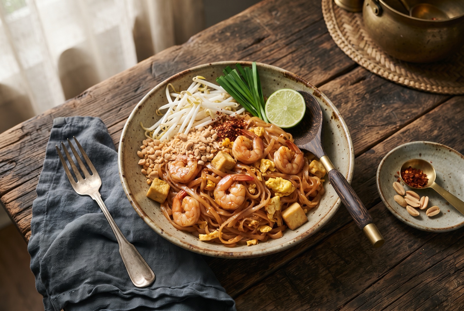 Plate of pad thai noodles with shrimp, bean sprouts, crushed peanuts and a lime wedge