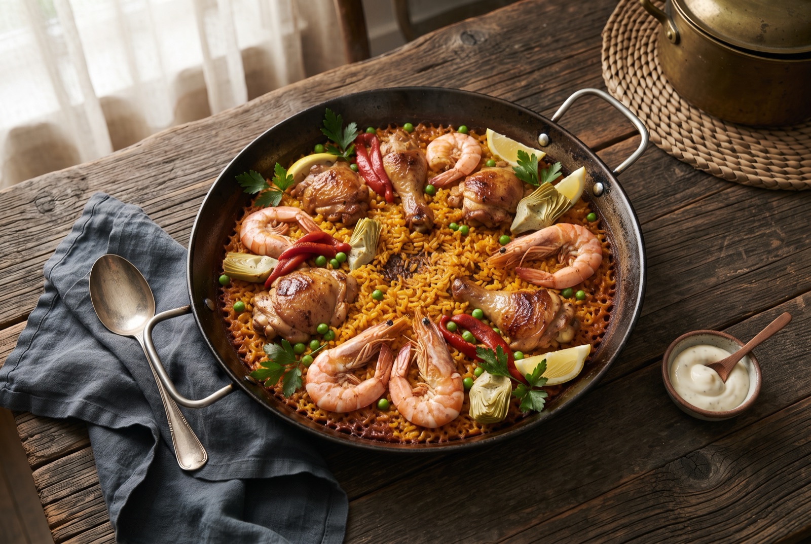 A wide pan of saffron-yellow paella topped with seared chicken, pink shrimp and lemon wedges