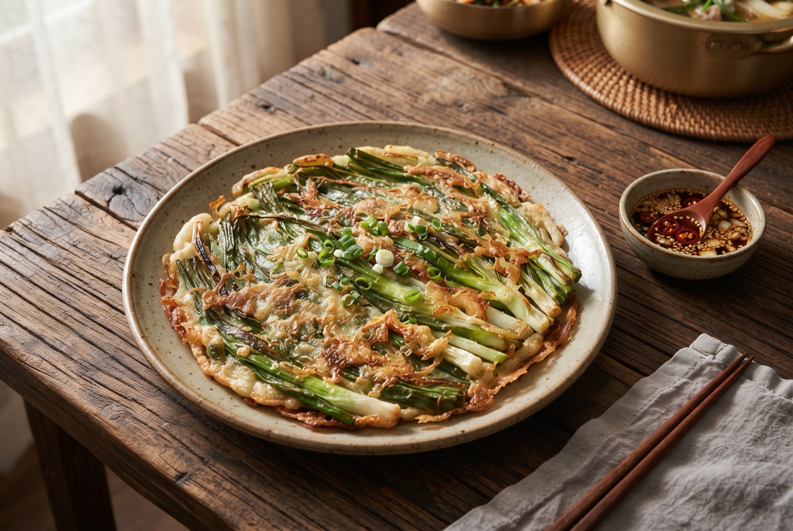 A golden Korean scallion pancake with crisp lacy edges, cut into squares beside soy dipping sauce