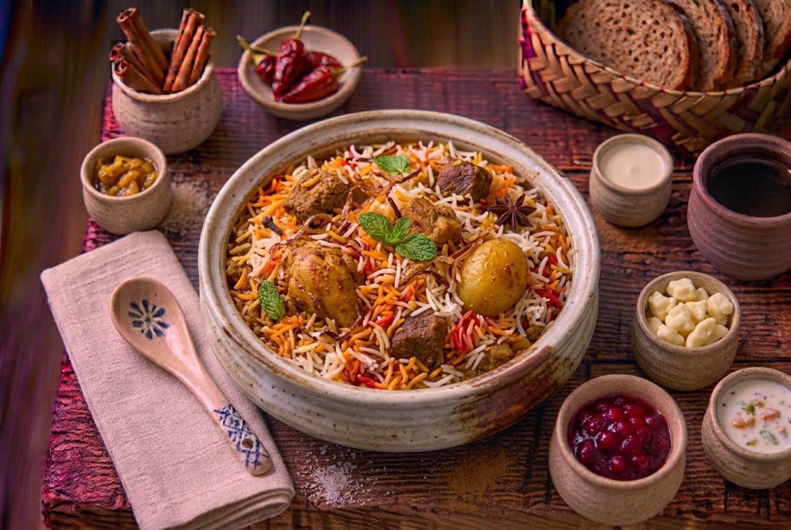 Karachi biryani in an open pot, orange and white basmati grains over red meat gravy with a whole potato