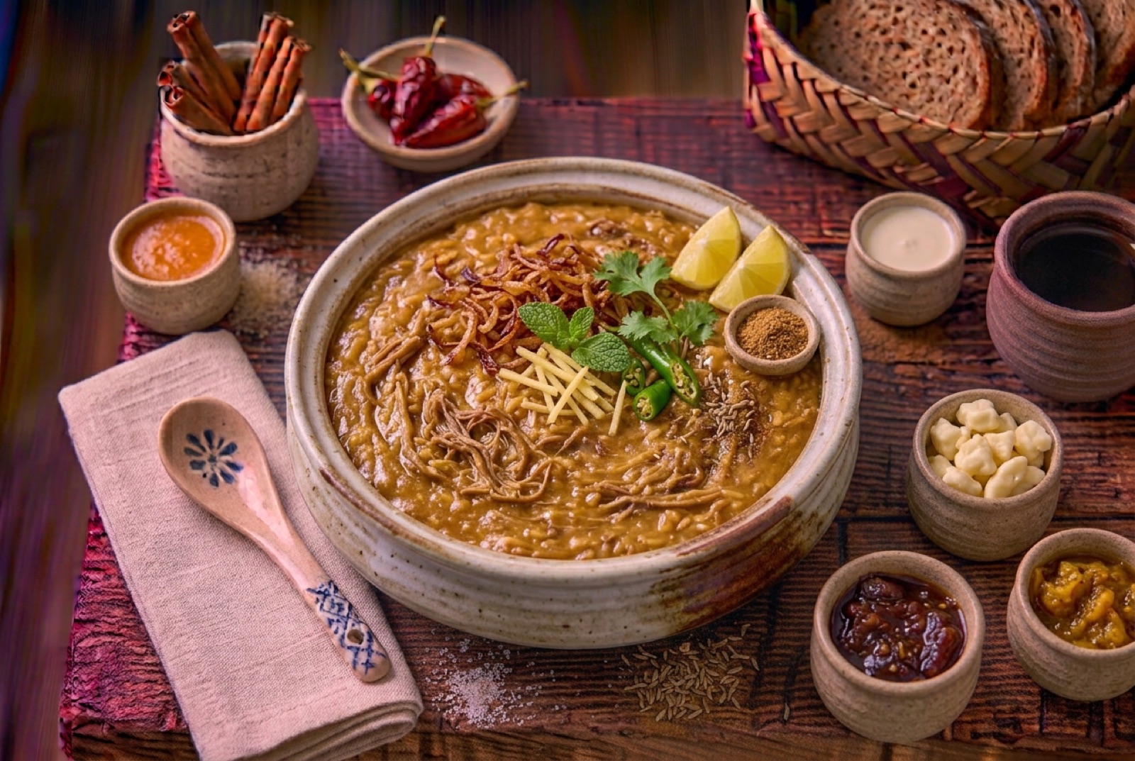 Bowl of Pakistani haleem, thick beige wheat and beef porridge topped with fried onions, ginger and green chile