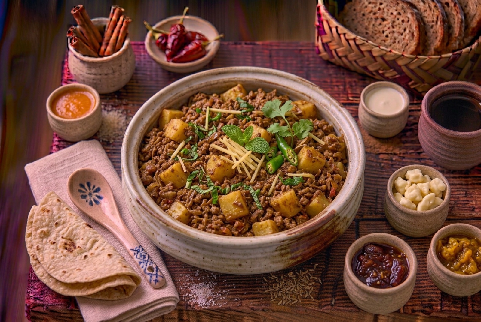 Pan of Pakistani keema aloo, browned beef mince with potato cubes, green chile and fresh cilantro on top
