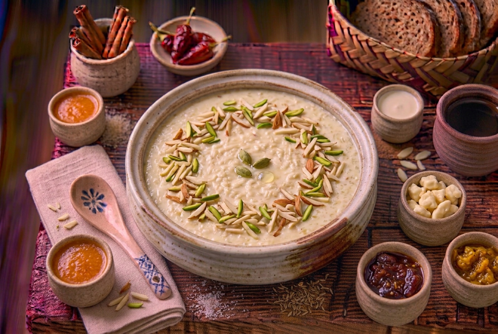Bowl of chilled Pakistani kheer, creamy rice pudding topped with slivered almonds and chopped pistachios