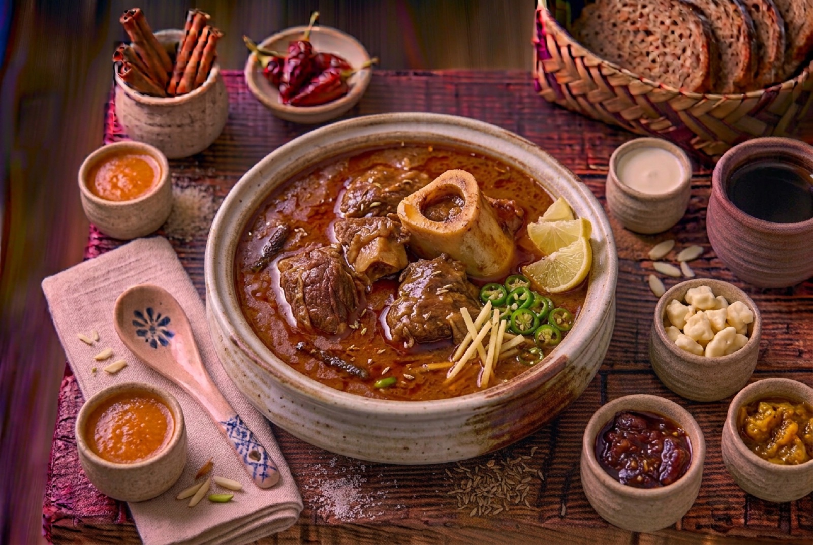 Bowl of Pakistani nihari, dark glossy beef shank gravy topped with ginger matchsticks, green chile and cilantro