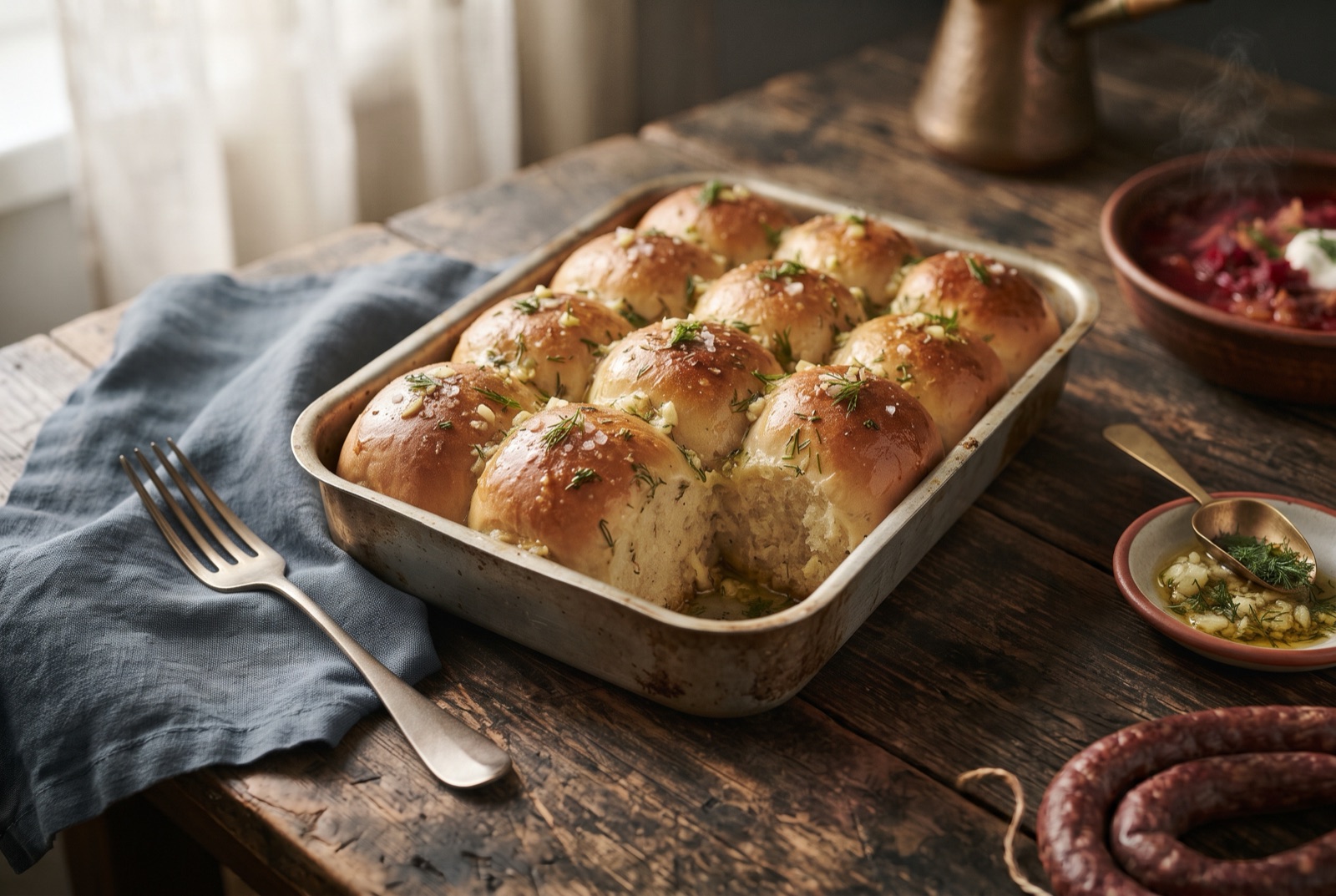 Tray of soft pull-apart pampushky rolls glossy with garlic oil and scattered with chopped dill