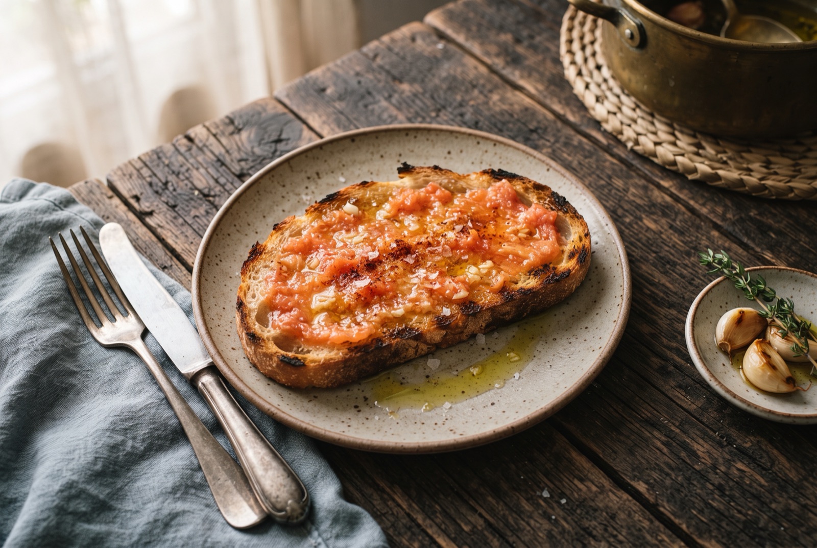 Grilled slice of country bread stained orange with rubbed tomato, scattered with salt flakes and glossy olive oil