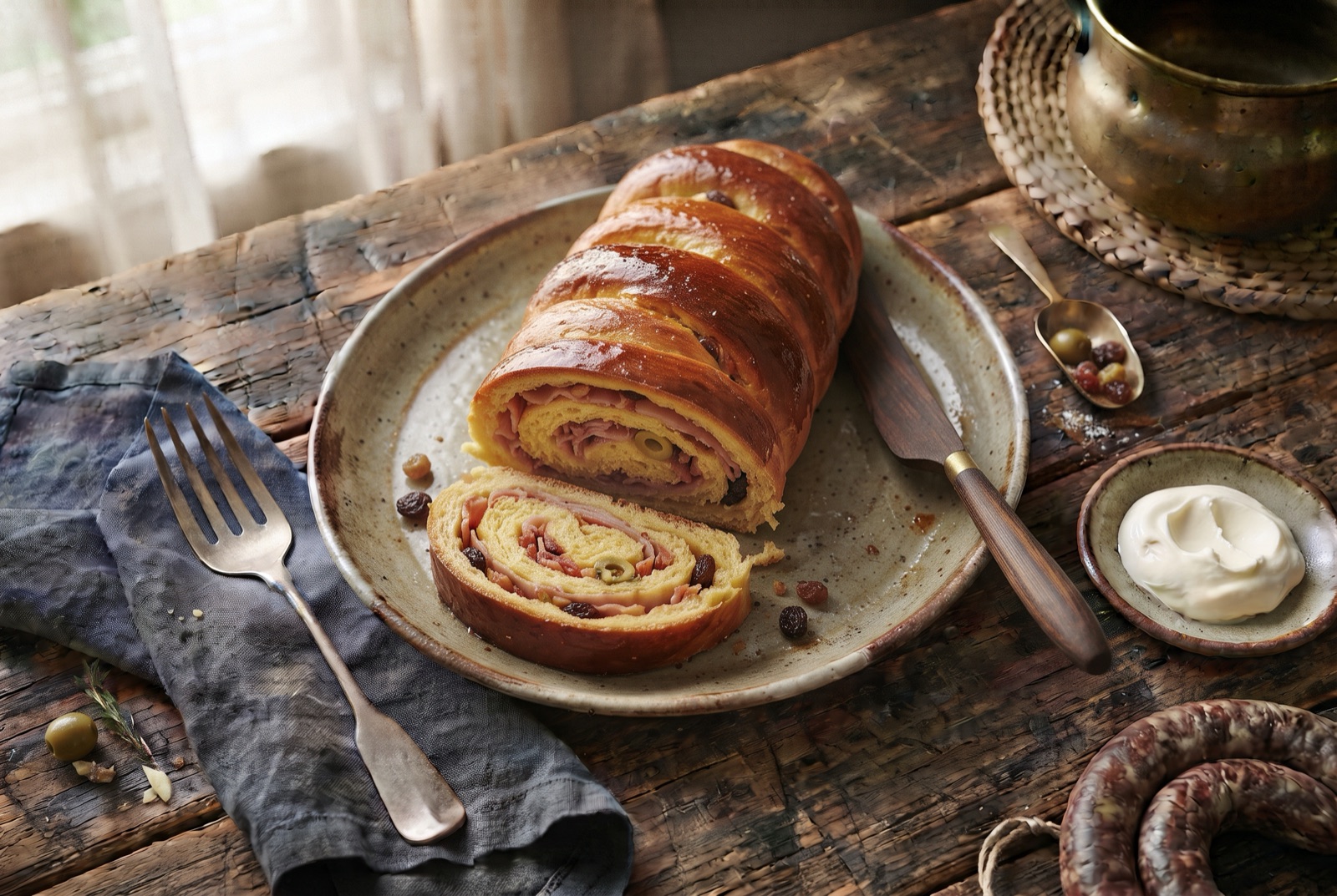 Sliced rolled loaf showing a spiral of ham, bacon, green olives and raisins under a shiny dark crust