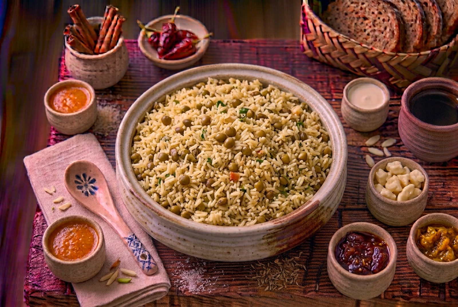 Bowl of pale orange coconut rice studded with green pigeon peas and flecks of chopped herb