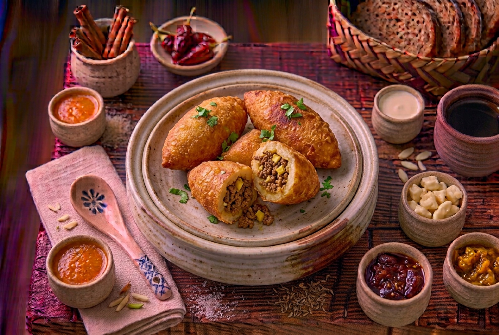 Golden torpedo-shaped cassava fritters, one broken open to show seasoned ground beef filling