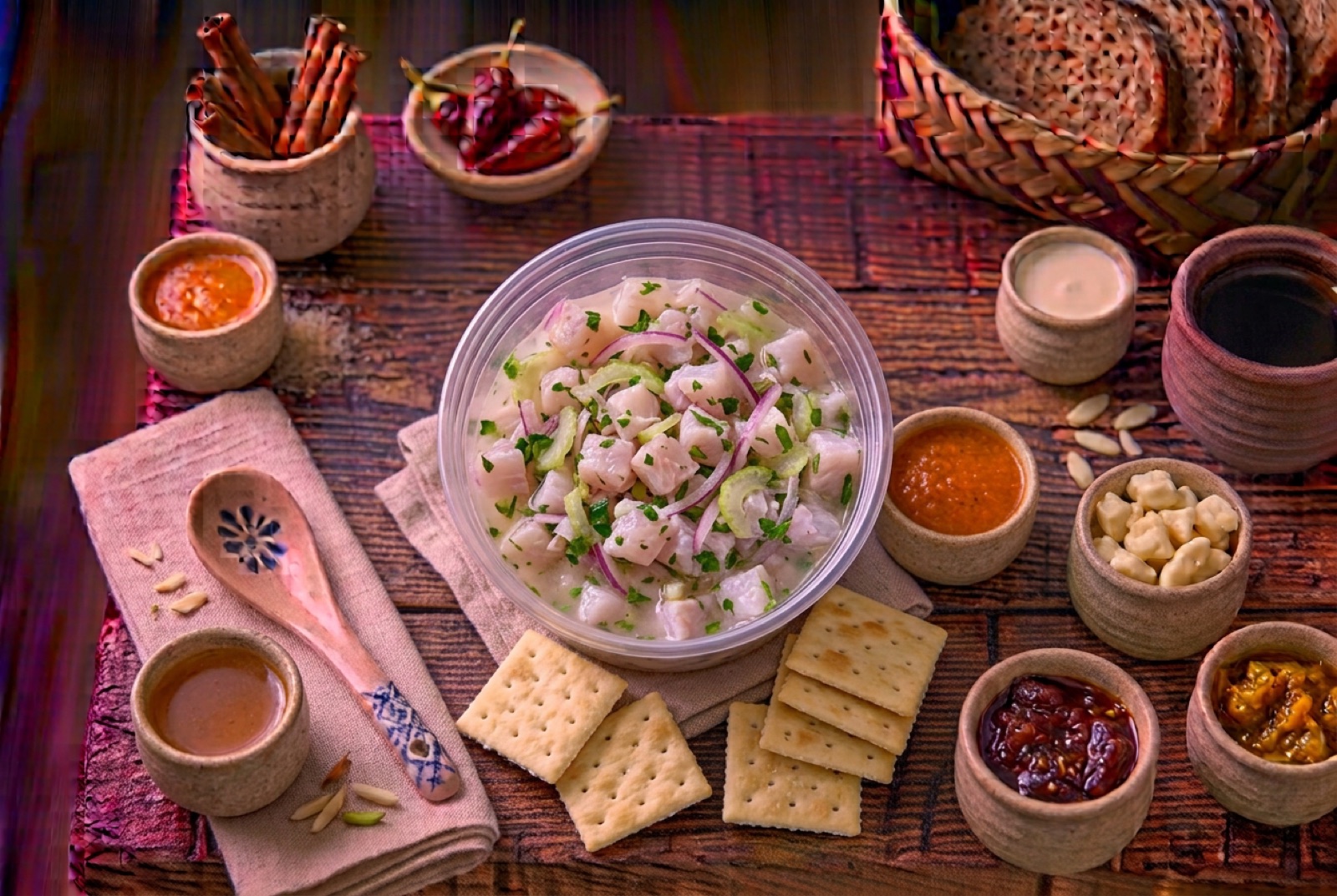Cubes of white fish cured in lime with sliced onion, celery and chopped culantro in a cup with crackers