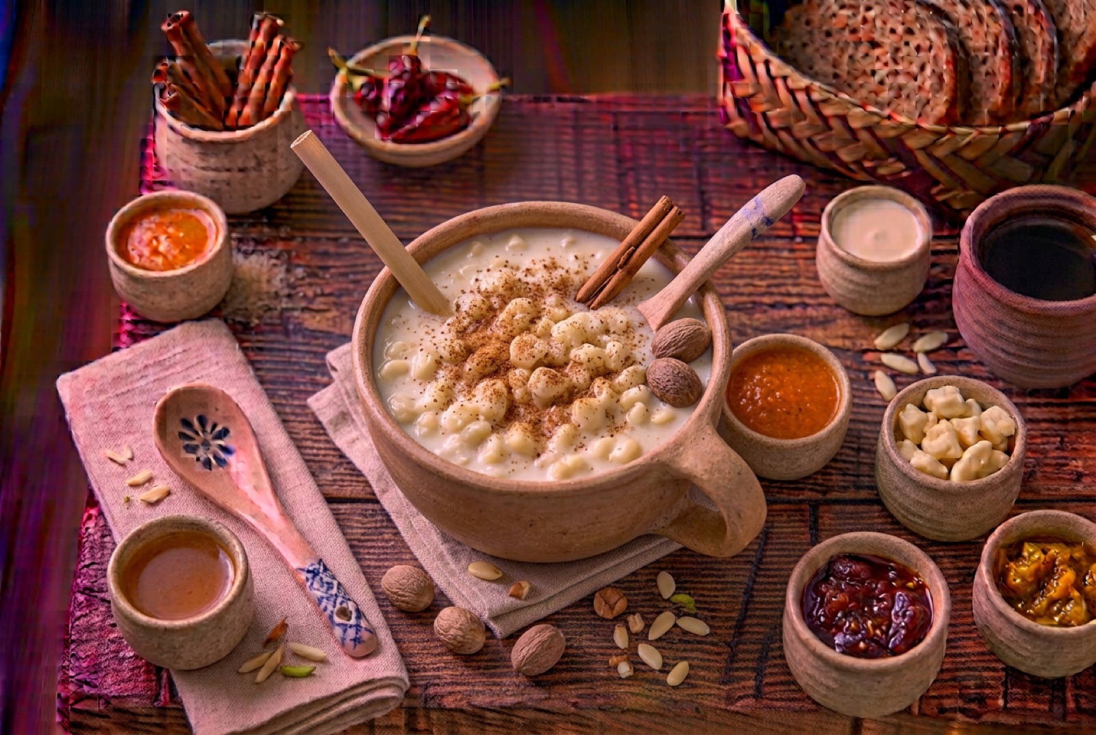 A tall cup of thick cold corn and milk drink with visible white kernels and grated nutmeg on top