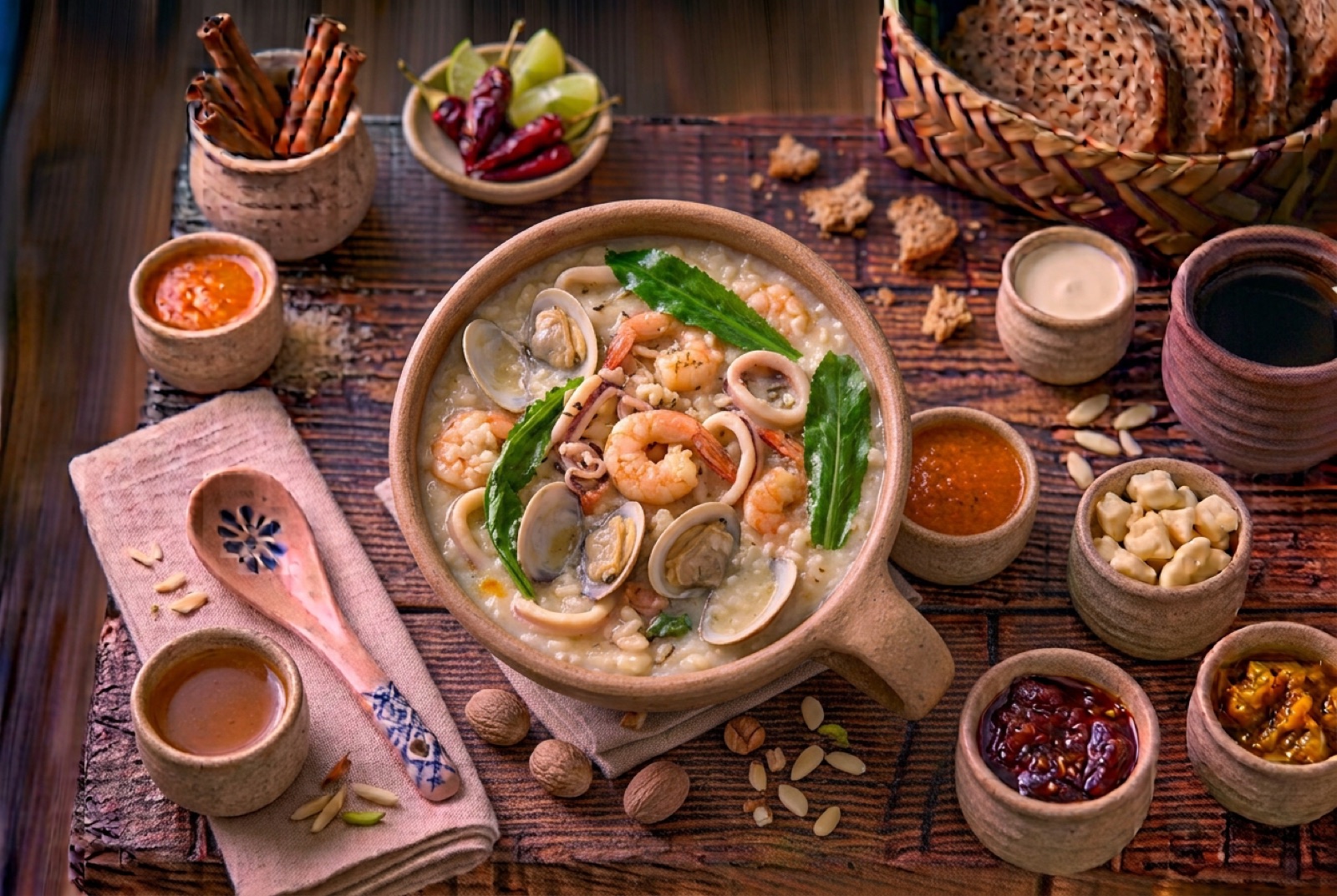 Thick soupy orange rice in a heavy pot with shrimp, squid rings and open clams on top
