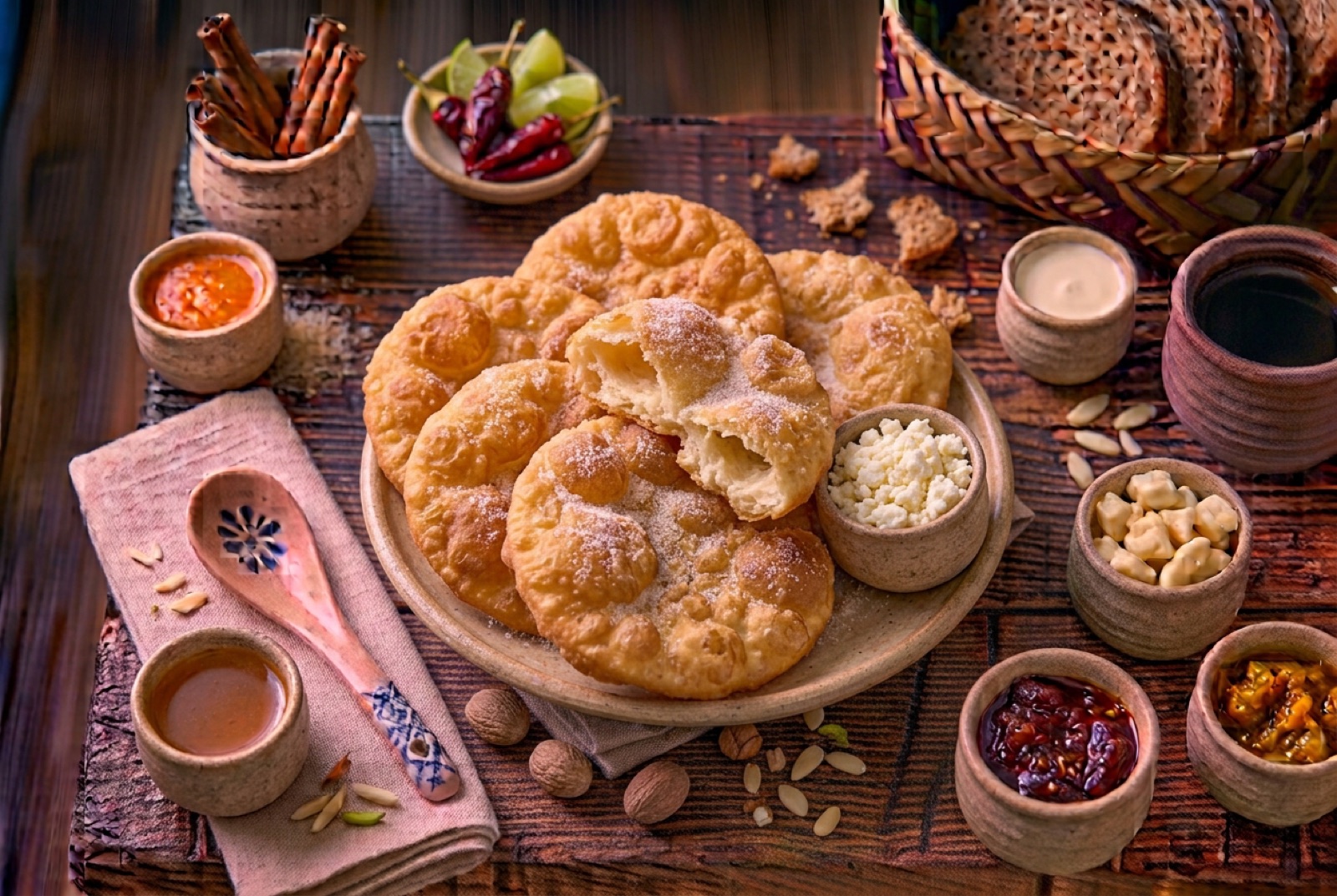 Puffed golden rounds of fried dough piled on a plate beside slices of white cheese