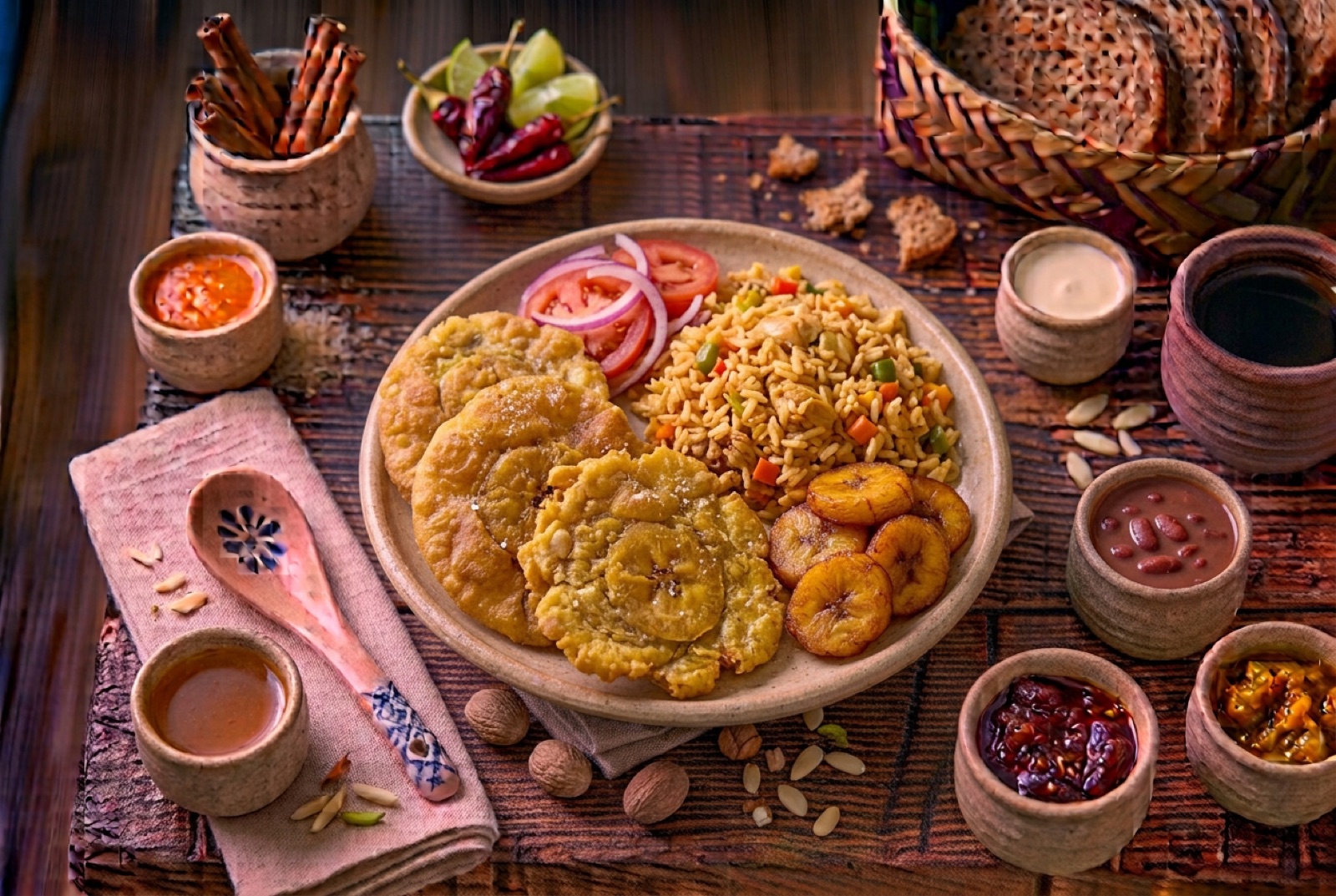 Golden flattened discs of twice-fried green plantain with crisp ragged edges piled on a plate with lime