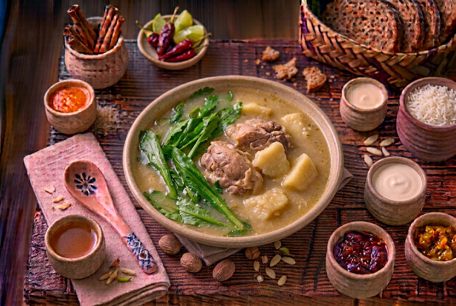 Deep bowl of cloudy chicken broth with a bone-in hen piece, white yam chunks and chopped green herb