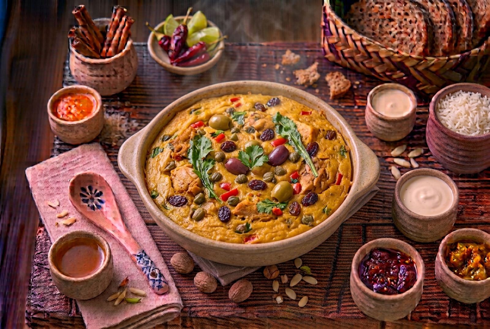 Baked orange corn masa casserole cut open to show a layer of shredded chicken with olives and raisins