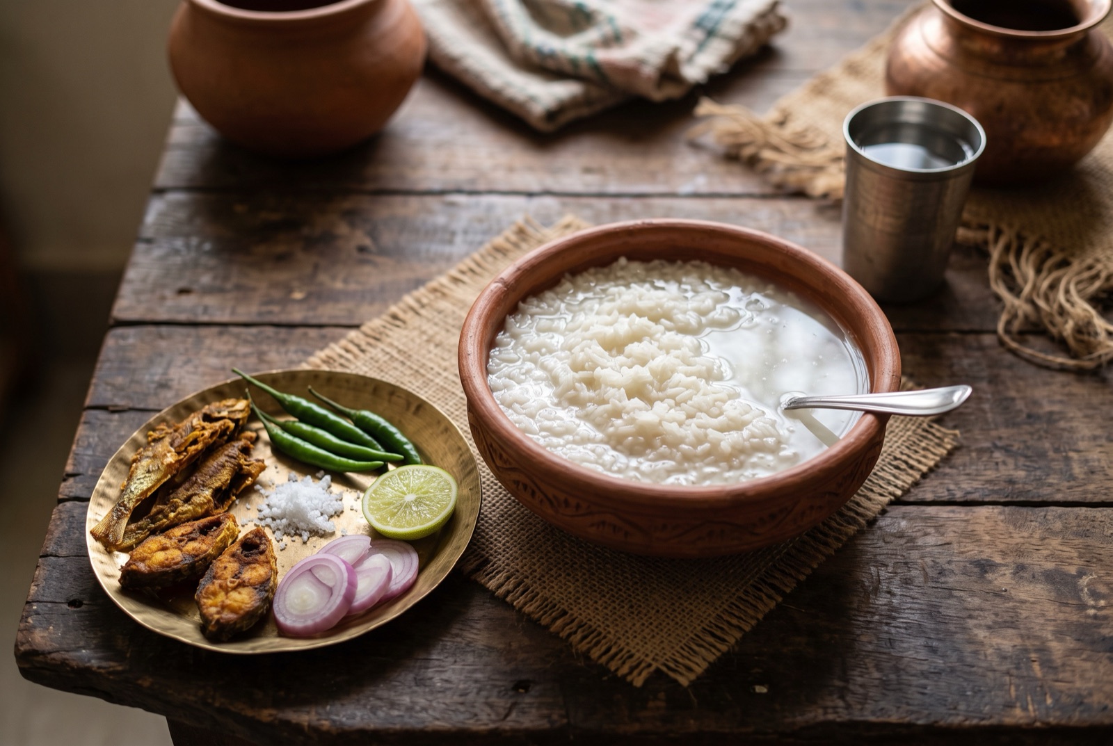 Clay bowl of watery fermented rice with sliced raw onion, whole green chiles and a lime wedge